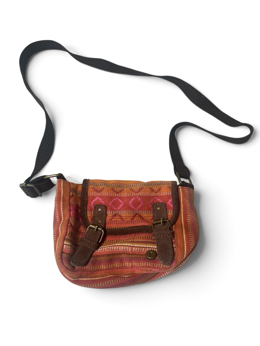 Vintage American Eagle Outfitters Orange Pink Woven Crossbody with Brown Trim